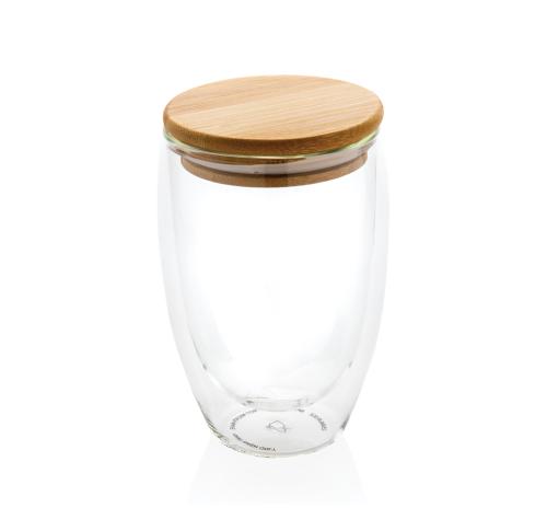 Promotional Insulated Glass Coffee Mugs With Bamboo Lid 350ml Double Wall Borosilicate
