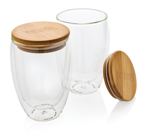 Promotional Double Wall Borosilicate Glass Coffee / Tea Mugs With Bamboo Lid 350ml 2pc Set
