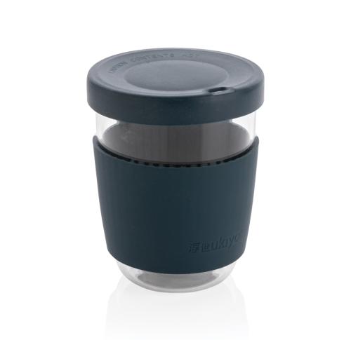 Promotional Glass Coffee Cups With Silicone Lid And Sleeve - Blue 260ml Ukiyo Borosilicate 