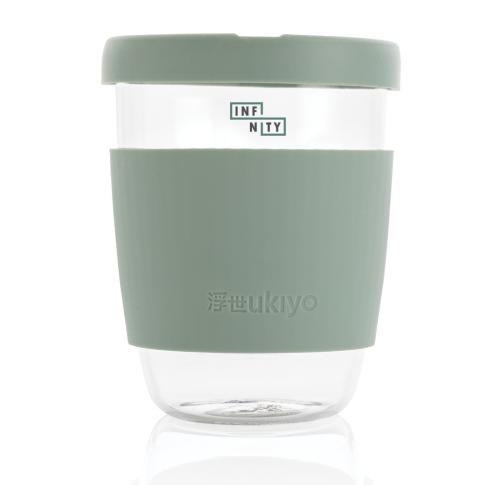 Printed Borosilicate Glass Coffee Takeaway Cups With Silicone Lid And Sleeve Ukiyo Green