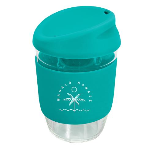 Custom Glass Travel Coffee Cups With Silicone Band 350ml (Spot Colour Print)
