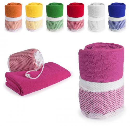 Microfibre gym towel in netted drawstring bag-