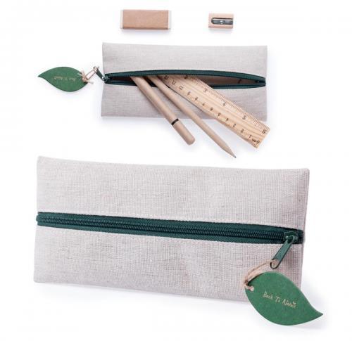 Eco Cotton Pencil Case with Recycled Cardboard Pen, Wooden Pencil and Ruler