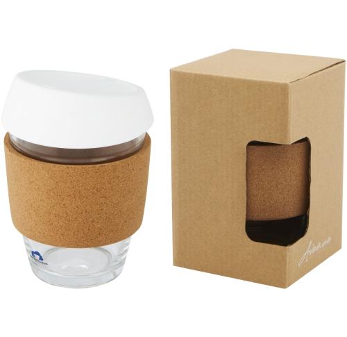Promotional 360 Ml Borosilicate Glass Tea/Coffee Tumblers With Cork Grip And Silicone Lid
