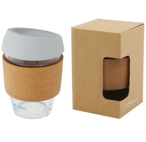 Promotional 360 Ml Borosilicate Glass Tea/Coffee Tumblers With Cork Grip And Silicone Lid